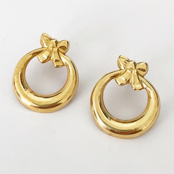 14k yellow gold bow wreath large statement earrings - Picture 1 of 7